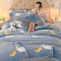 HKM-647571 Coral Velvet Double-Sided Bedding Set with Cartoon Patterns, 4-Piece Collection for Various Bed Sizes