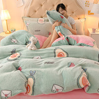 HKM-647571 Coral Velvet Double-Sided Bedding Set with Cartoon Patterns, 4-Piece Collection for Various Bed Sizes