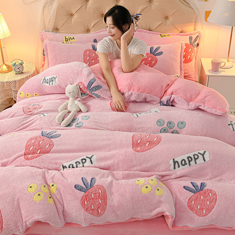 HKM-647571 Coral Velvet Double-Sided Bedding Set with Cartoon Patterns, 4-Piece Collection for Various Bed Sizes