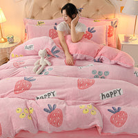 HKM-647571 Coral Velvet Double-Sided Bedding Set with Cartoon Patterns, 4-Piece Collection for Various Bed Sizes