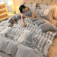 HKM-647571 Coral Velvet Double-Sided Bedding Set with Cartoon Patterns, 4-Piece Collection for Various Bed Sizes