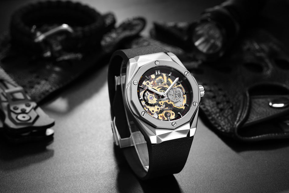 HKM-647763 Men's Automatic Mechanical Hollow Rose Gold Business Watch with 30M Waterproof Design, Round Dial, and Rubber Strap