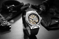 HKM-647763 Men's Automatic Mechanical Hollow Rose Gold Business Watch with 30M Waterproof Design, Round Dial, and Rubber Strap