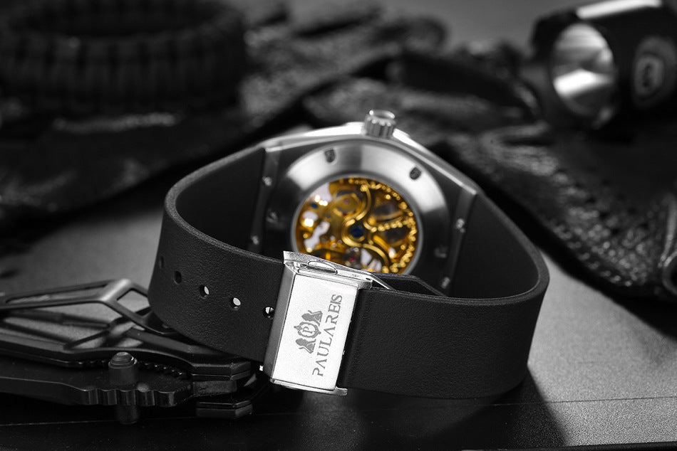 HKM-647763 Men's Automatic Mechanical Hollow Rose Gold Business Watch with 30M Waterproof Design, Round Dial, and Rubber Strap