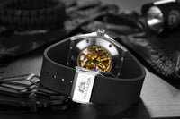 HKM-647763 Men's Automatic Mechanical Hollow Rose Gold Business Watch with 30M Waterproof Design, Round Dial, and Rubber Strap