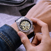 HKM-647763 Men's Automatic Mechanical Hollow Rose Gold Business Watch with 30M Waterproof Design, Round Dial, and Rubber Strap