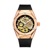 HKM-647763 Men's Automatic Mechanical Hollow Rose Gold Business Watch with 30M Waterproof Design, Round Dial, and Rubber Strap