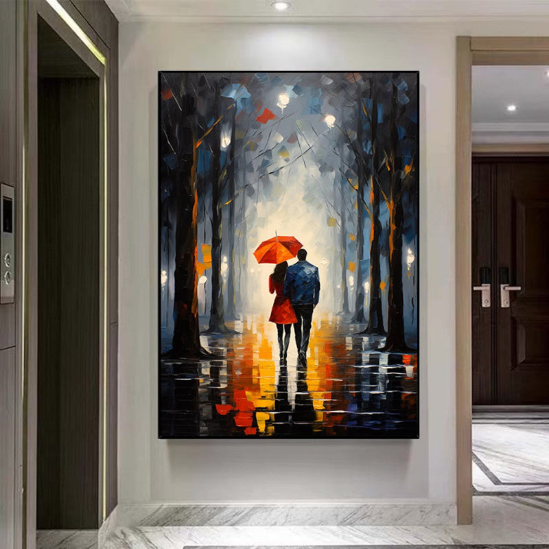 HKM-648339 Handpainted Oil Painting of Couple in Red Dress with Umbrella in Night Cityscape - Landscape Canvas Art for Home Decor