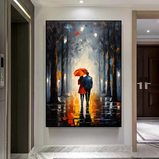 HKM-648339 Handpainted Oil Painting of Couple in Red Dress with Umbrella in Night Cityscape - Landscape Canvas Art for Home Decor