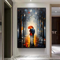 HKM-648339 Handpainted Oil Painting of Couple in Red Dress with Umbrella in Night Cityscape - Landscape Canvas Art for Home Decor
