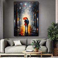 HKM-648339 Handpainted Oil Painting of Couple in Red Dress with Umbrella in Night Cityscape - Landscape Canvas Art for Home Decor