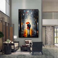 HKM-648339 Handpainted Oil Painting of Couple in Red Dress with Umbrella in Night Cityscape - Landscape Canvas Art for Home Decor
