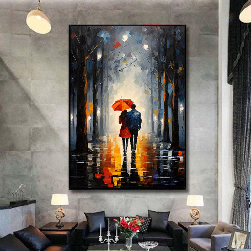 HKM-648339 Handpainted Oil Painting of Couple in Red Dress with Umbrella in Night Cityscape - Landscape Canvas Art for Home Decor