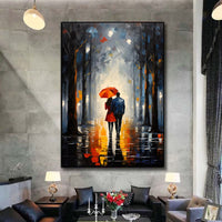 HKM-648339 Handpainted Oil Painting of Couple in Red Dress with Umbrella in Night Cityscape - Landscape Canvas Art for Home Decor