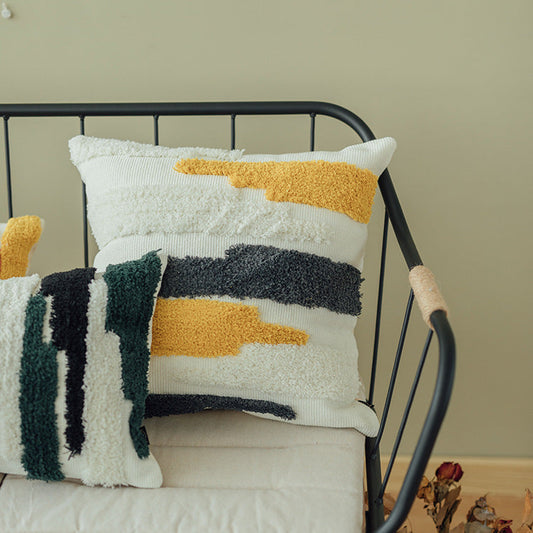 HKM-648467 Cotton Thread Woven Tufted Pillowcase - 45x45cm in White Gray Yellow, Gray Red Yellow, Gray Coffee Black, White Green Black