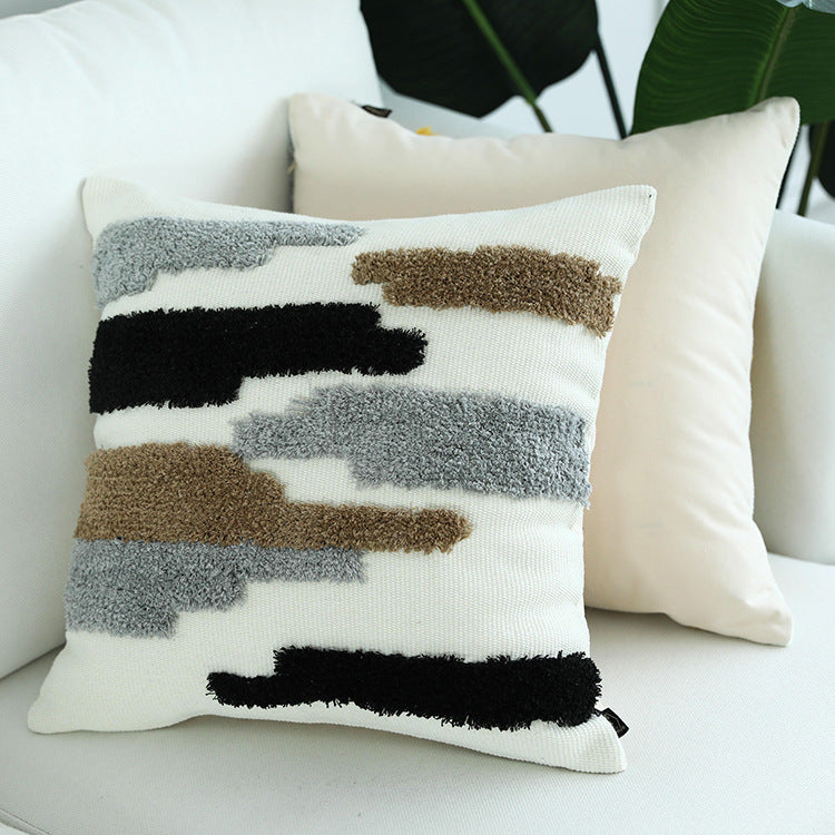 HKM-648467 Cotton Thread Woven Tufted Pillowcase - 45x45cm in White Gray Yellow, Gray Red Yellow, Gray Coffee Black, White Green Black