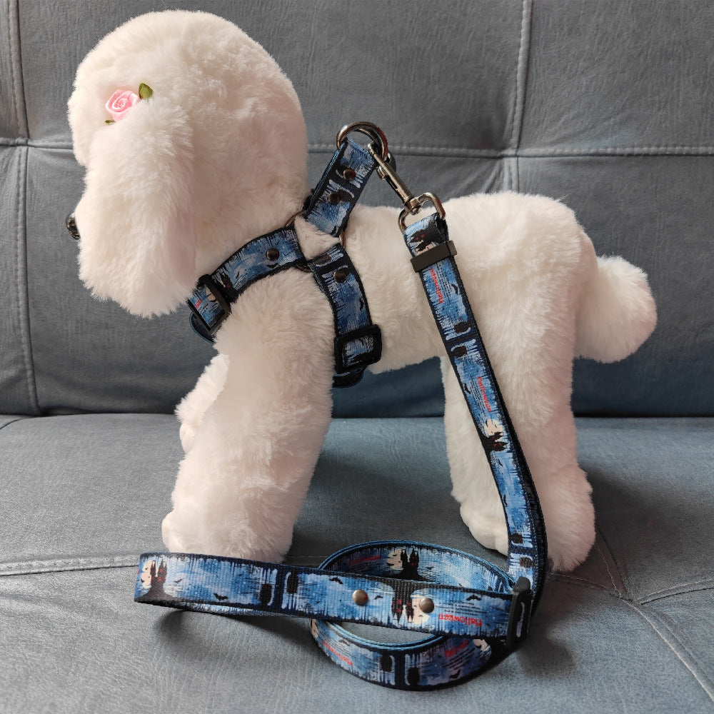 HKM-648595 Halloween Dog Print Harness and Leash Set with Collar, Polyester Material, Multiple Sizes Available