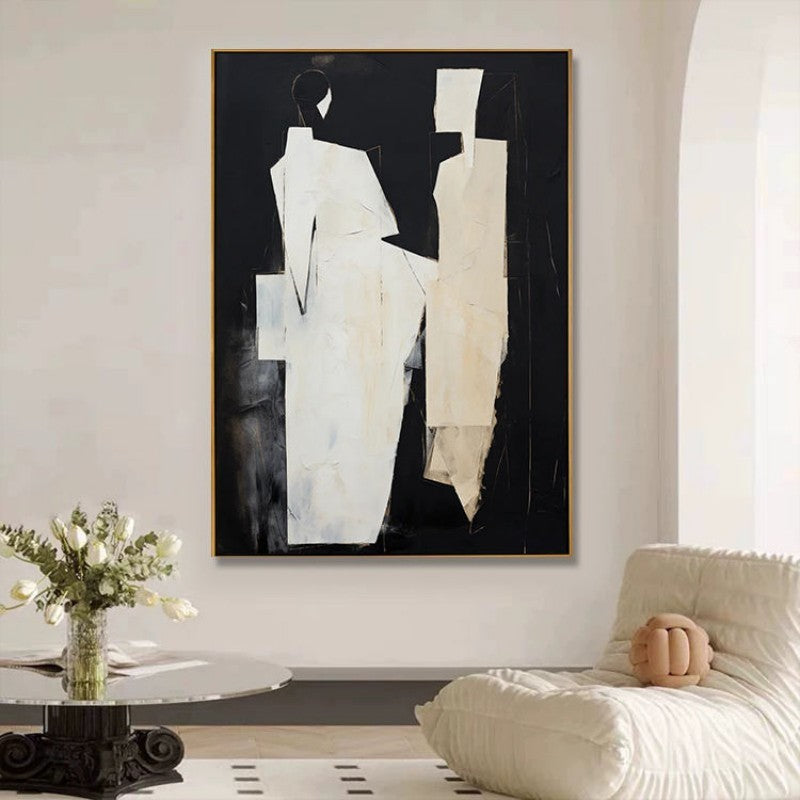HKM-649491 Hand-Painted Black and White Abstract Canvas Art for Living Room Decor - Unstretched Oil Painting