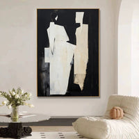 HKM-649491 Hand-Painted Black and White Abstract Canvas Art for Living Room Decor - Unstretched Oil Painting