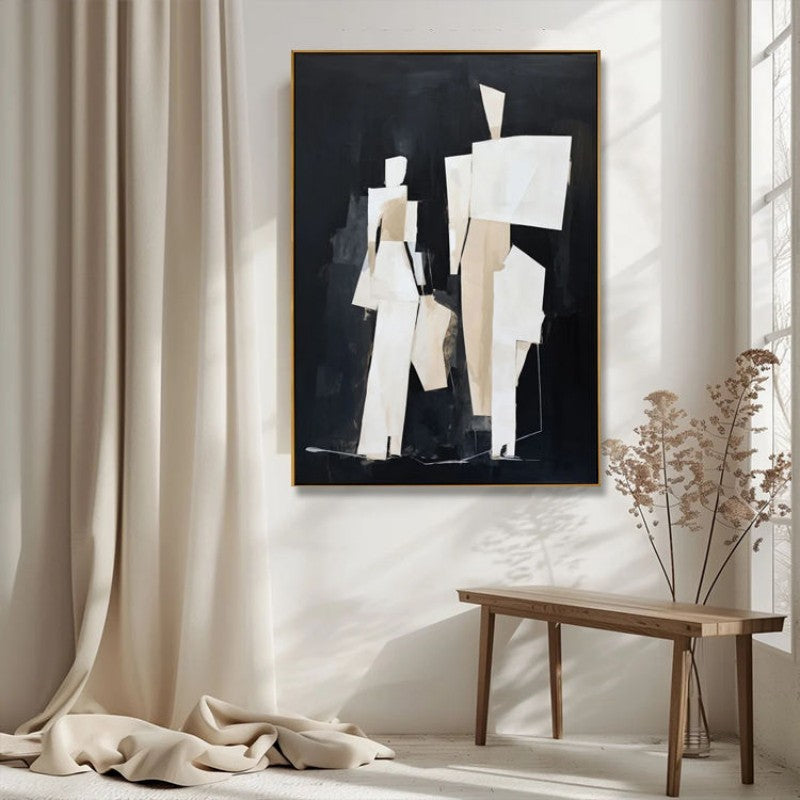 HKM-649491 Hand-Painted Black and White Abstract Canvas Art for Living Room Decor - Unstretched Oil Painting