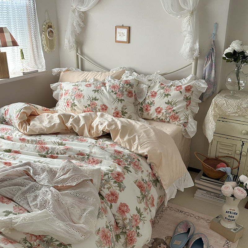 HKM-649555 Princess Style Floral Pure Cotton Bed Sheet Duvet Cover Set - Multiple Sizes Available