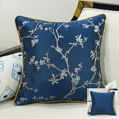 HKM-649875 Classical Lumbar Pillow Cushion with Plant and Flower Design - Green, Blue, Beige