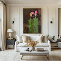 HKM-650643 Large Hand-Painted Abstract People Oil Painting on Canvas with Green Texture for Home Decor