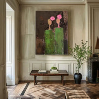 HKM-650643 Large Hand-Painted Abstract People Oil Painting on Canvas with Green Texture for Home Decor