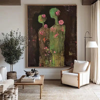HKM-650643 Large Hand-Painted Abstract People Oil Painting on Canvas with Green Texture for Home Decor