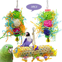 HKM-650643 Multicolored Bird Toy Set - 3 Durable Gnawing Supplies with Natural Bamboo, Cotton Rope, and Clips for Parrots