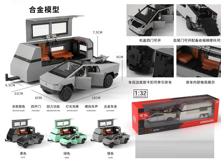 HKM-651347 Diecast 1:32 Scale Cybertruck Pickup Model with Sound & Light, Opening Doors, Ideal for Collectors