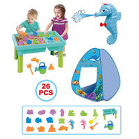 HKM-652115 2 in 1 Foldable Beach Tent and Play Table Set for Kids Ages 2-13, Soft Toy and Water Play, Indoor/Outdoor Use