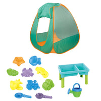 HKM-652115 2 in 1 Foldable Beach Tent and Play Table Set for Kids Ages 2-13, Soft Toy and Water Play, Indoor/Outdoor Use