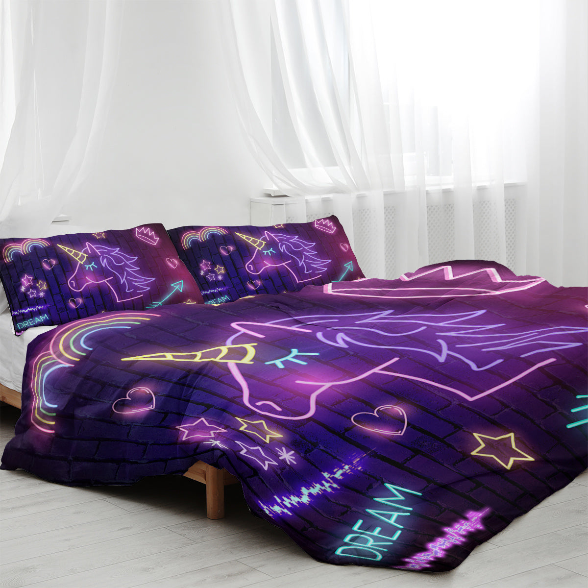 HKM-652179 Black Neon Pattern 3 Piece Duvet Cover Set with Pillow Shams – Soft and Breathable Microfiber, Machine Washable