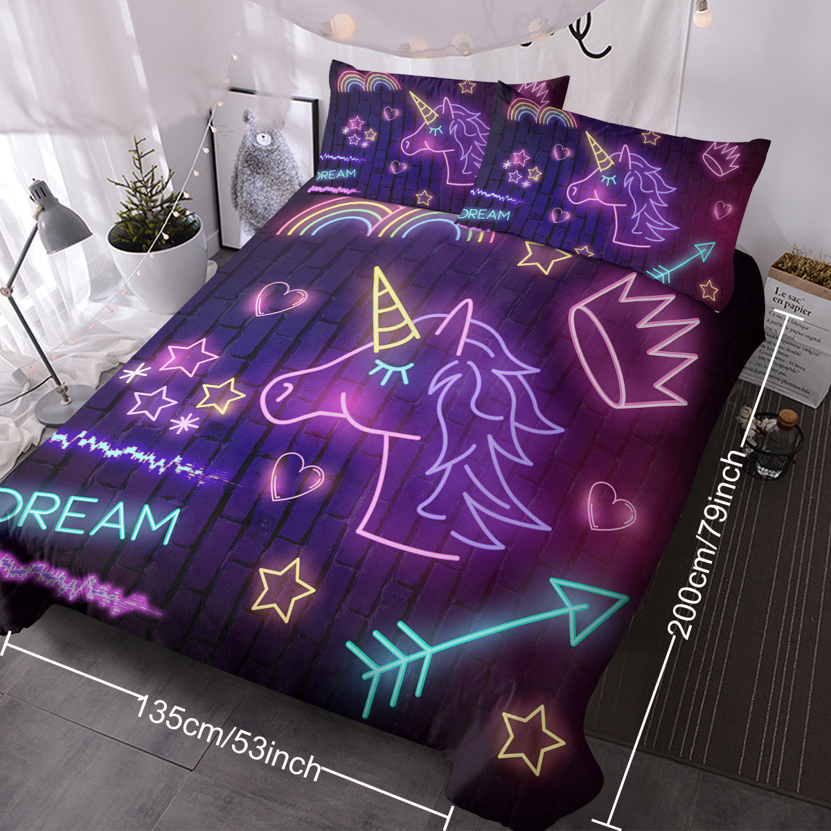HKM-652179 Black Neon Pattern 3 Piece Duvet Cover Set with Pillow Shams – Soft and Breathable Microfiber, Machine Washable