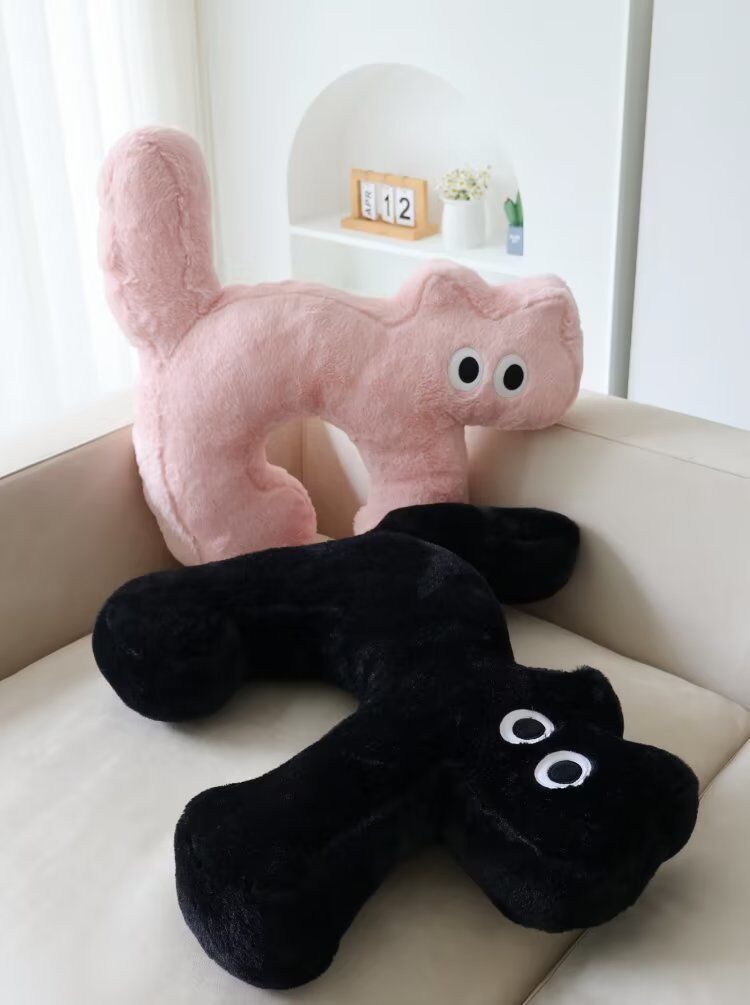 HKM-653139 Cute Japanese Style Cat Pillow Cushion – Black & Pink Cartoon Design, Embroidered, 55cm