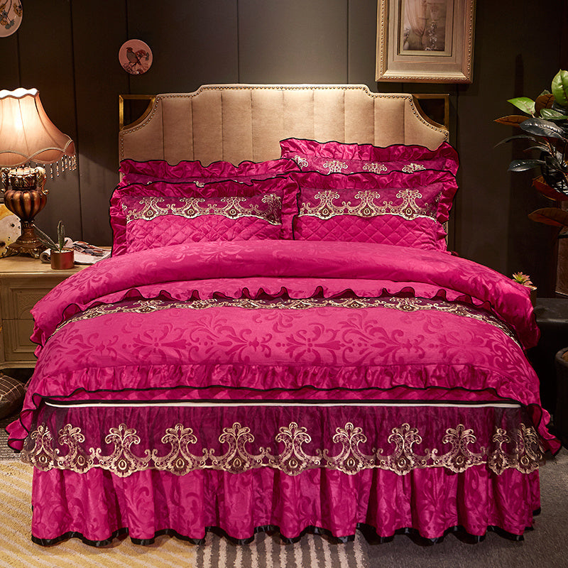HKM-654931 Quilted Velvet Bed Skirt Set with Duvet Cover and Pillowcases in Multiple Colors