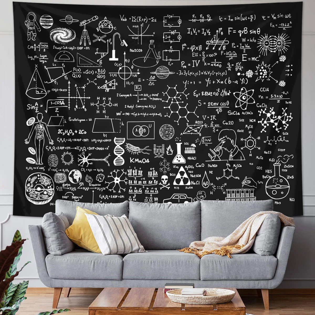 HKM-655251 Geometric Abstraction Science Mathematics Blackboard Tapestry – Polyester Fiber, Multiple Sizes