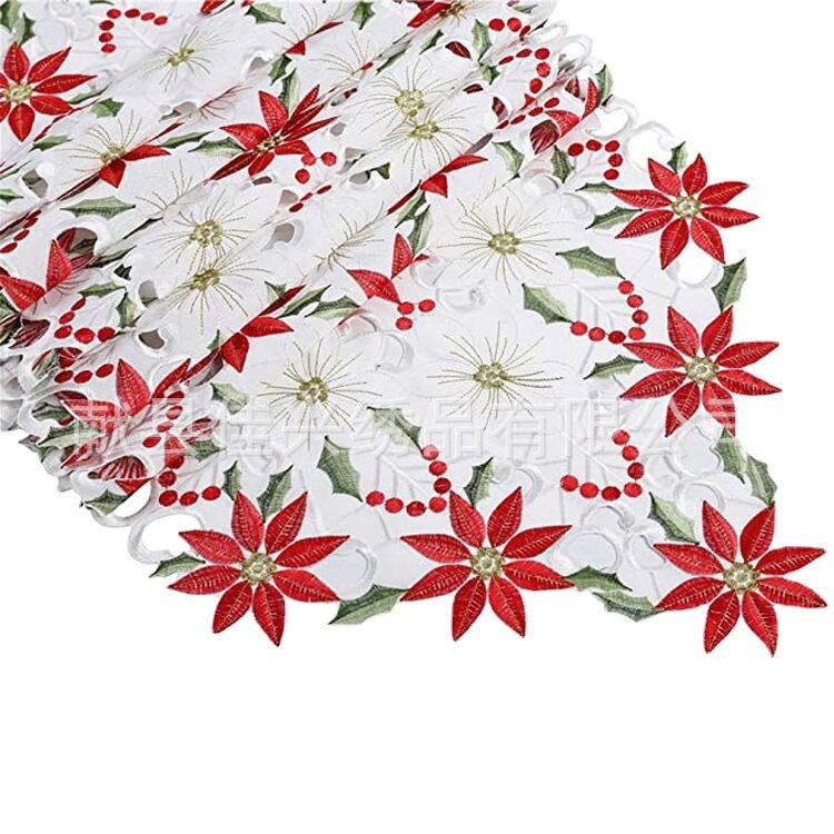 HKM-655443 Christmas Round Tablecloth with Embroidered Leaves and Floral Design, Multiple Sizes Available