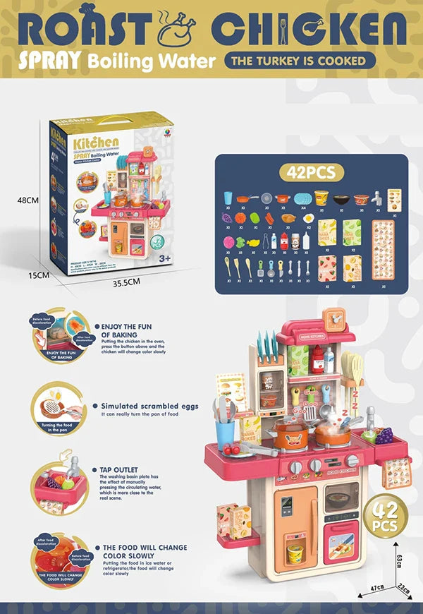 HKM-656275 Kids Cooking Play Kitchen Set with 42 Pieces, Lights, Sounds, Sink & Water Spray