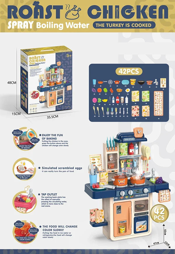 HKM-656275 Kids Cooking Play Kitchen Set with 42 Pieces, Lights, Sounds, Sink & Water Spray