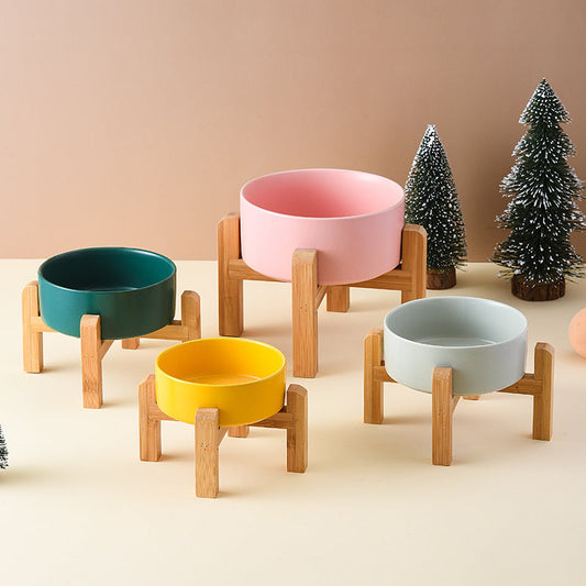 HKM-656339 Pet Anti-Rollover Ceramic Bowl with Bamboo and Wood Frame, Multiple Sizes and Colors Available