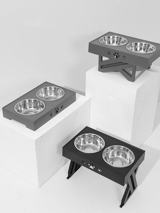HKM-656659 Adjustable Stainless Steel Double Bowl Pet Feeder with Ergonomic Base for Comfortable Eating