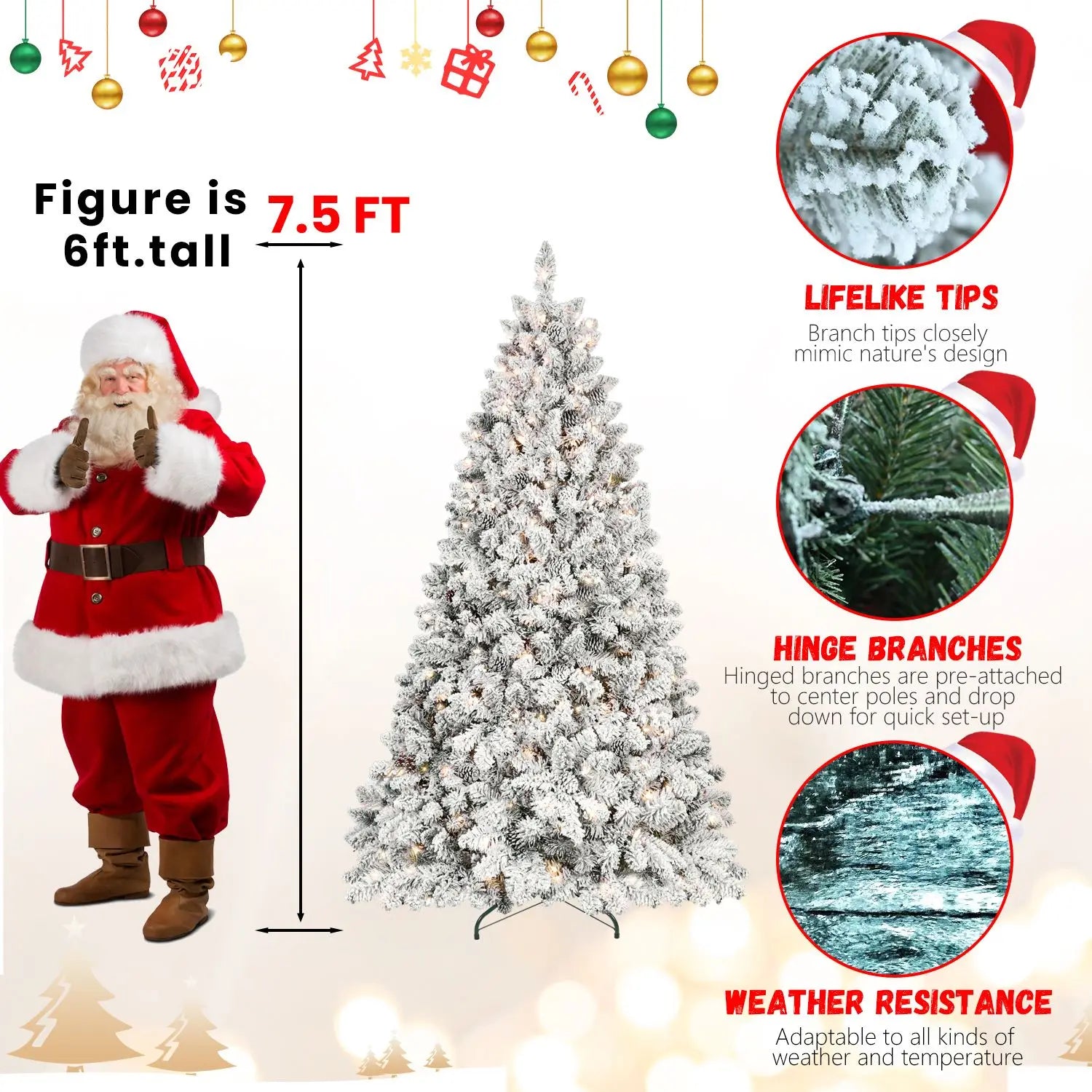 KTX-656915 7.5ft Mini PVC Mixed Flocked Artificial Christmas Tree with 500-1000 LED Lights and Pine Cone Decorations