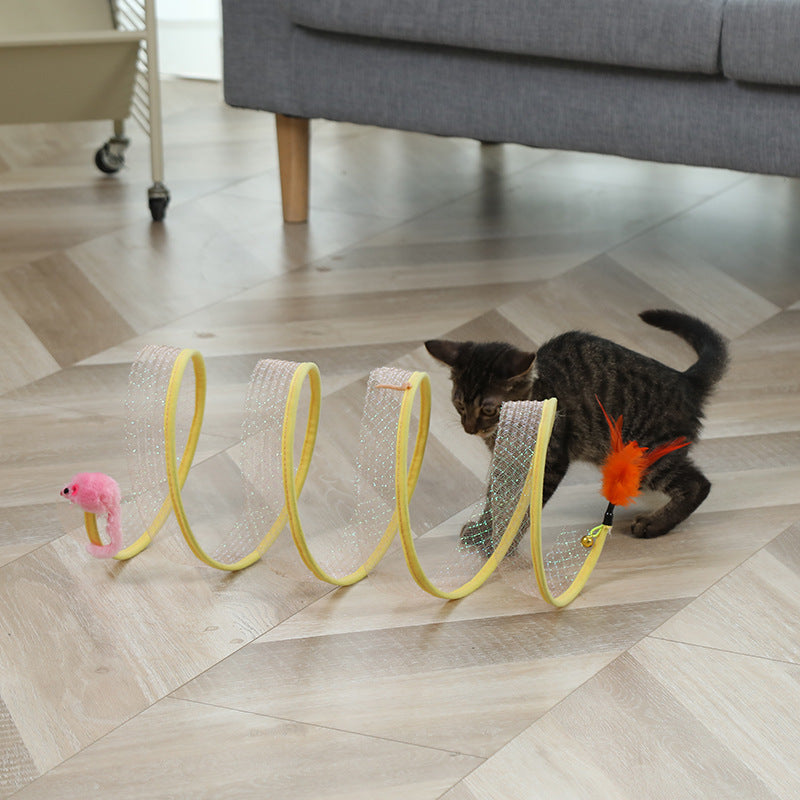 HKM-657299 Foldable Cat Tunnel with Mouse Toy and Sisal Ball for Playful Kittens