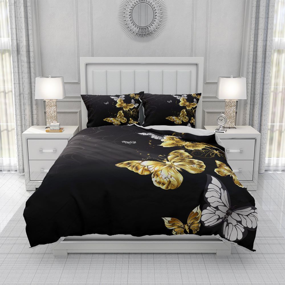 HKM-657619 Spring Blossom Butterfly Series Pure Cotton Three-Piece Bedding Set in Floral Design