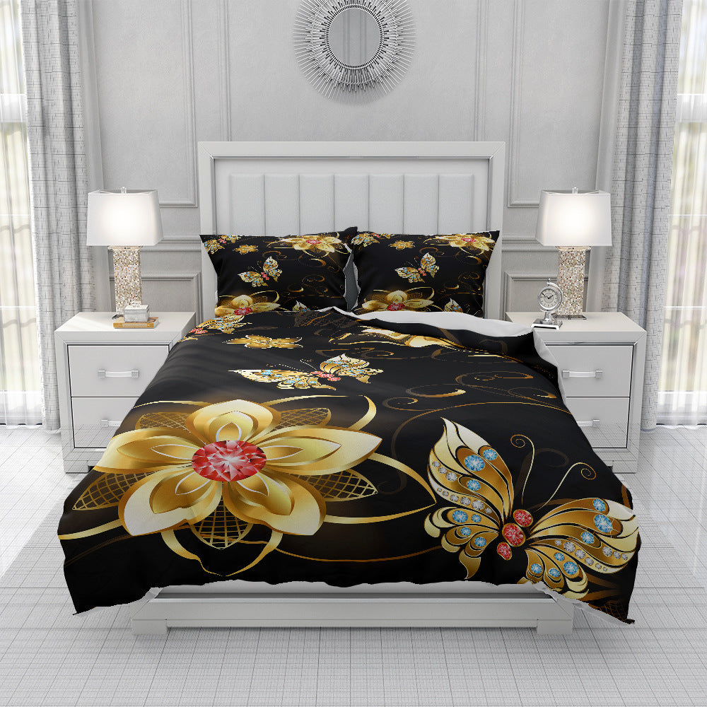 HKM-657619 Spring Blossom Butterfly Series Pure Cotton Three-Piece Bedding Set in Floral Design