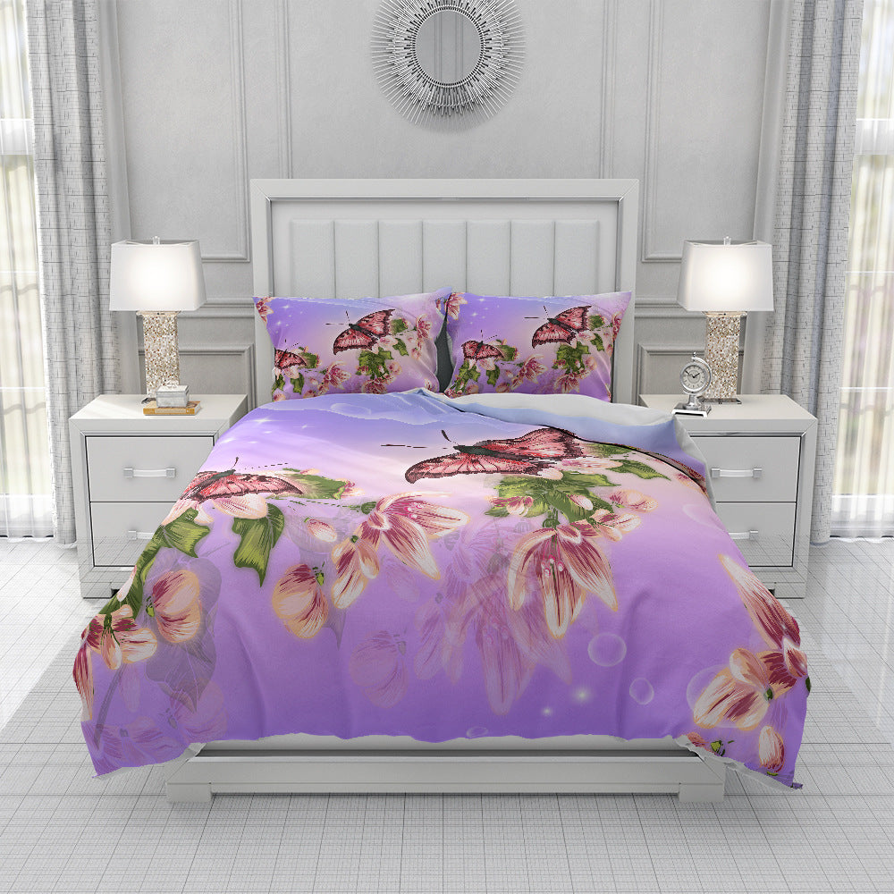 HKM-657619 Spring Blossom Butterfly Series Pure Cotton Three-Piece Bedding Set in Floral Design