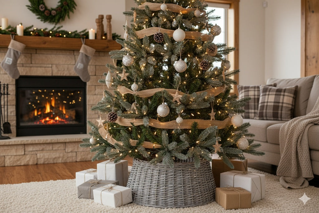 HKM-657747 Rustic Handwoven Wicker Christmas Tree Collar for Farmhouse Holiday Decor