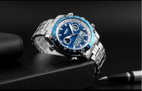 HKM-658131 Men's Quartz Watch with Luminous Function, Dual Time, Alarm, Calendar, Waterproof, Stainless Steel Strap, 48mm Dial